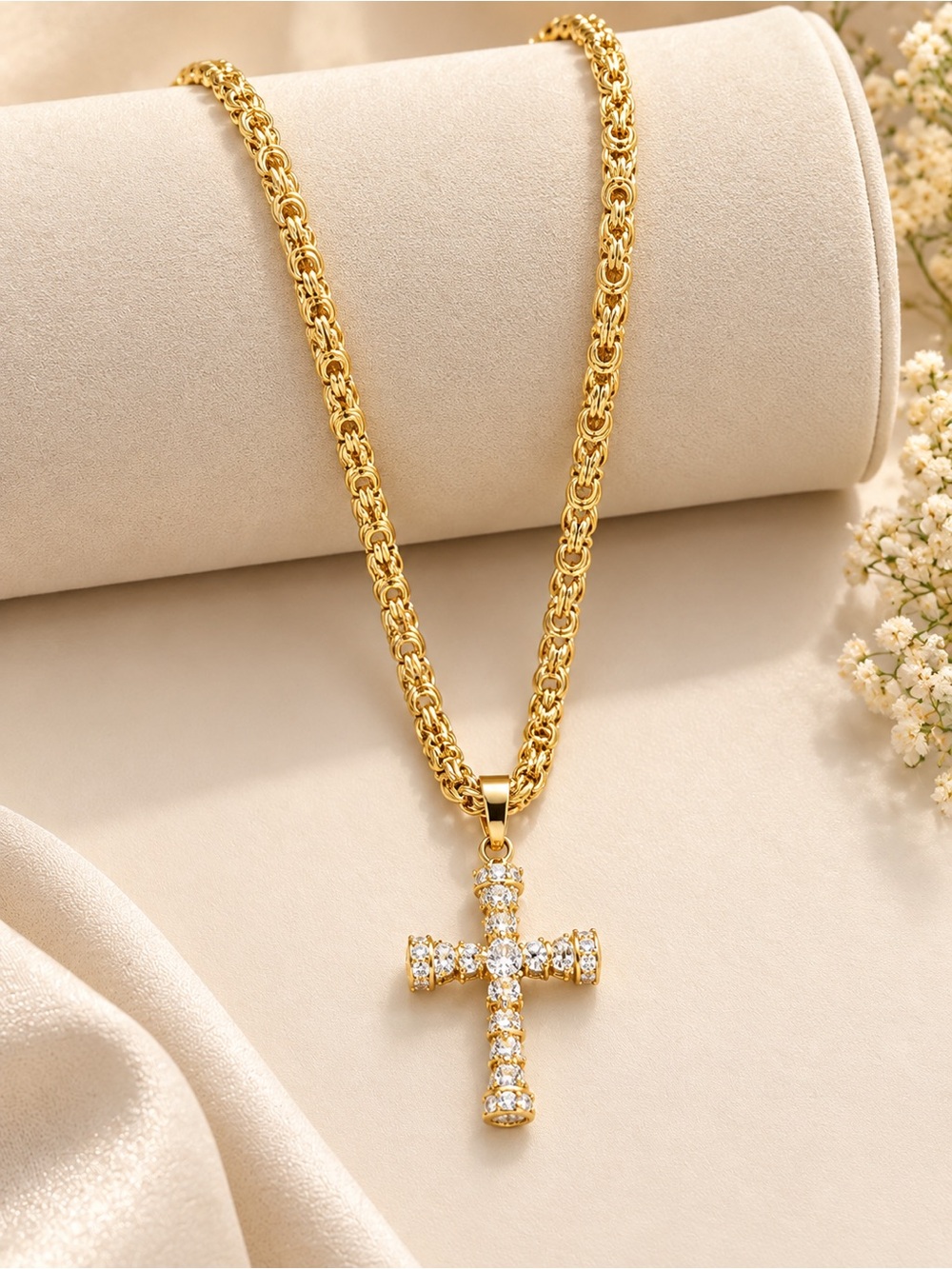 14K Gold Filled Cross Pendant Necklace 16-17” Adjustable Byzantine Chain Jewelry